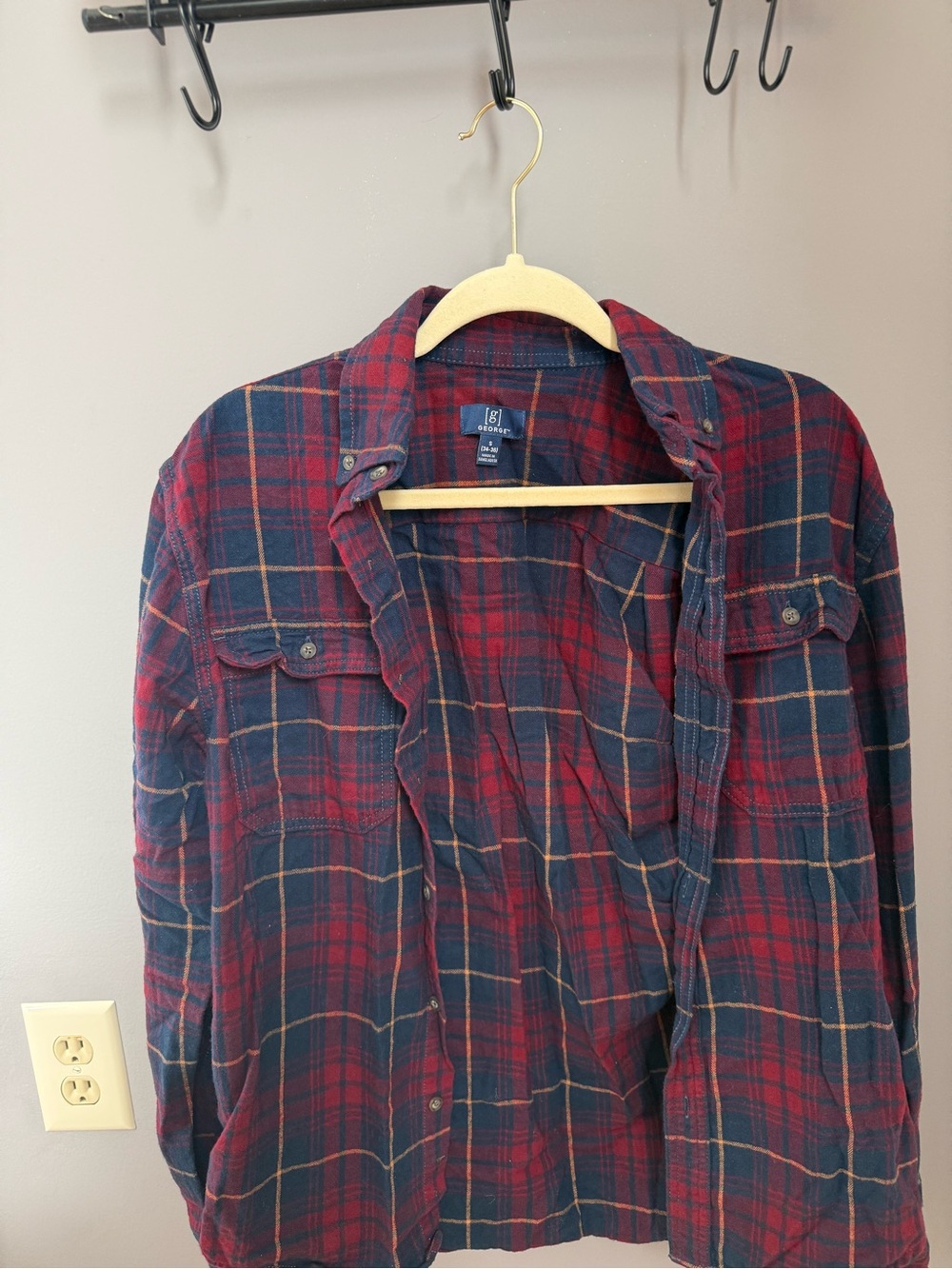 George Men's Red and Navy Plaid Button-Down Shirt